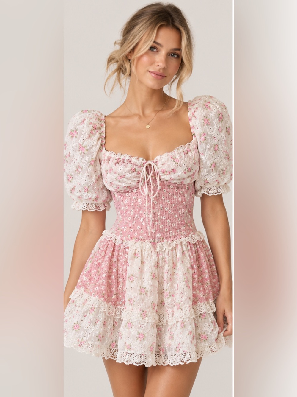 For Love & Lemons Pink Floral Puff Sleeve Smocked Mini Dress Small